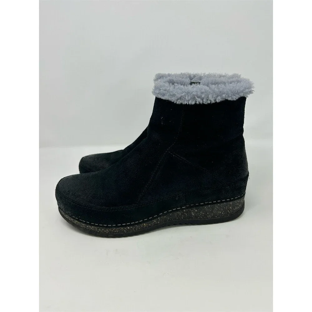 Dansko Mitzy Bootie Womens Black Ankle Side Zip Faux Fur Lined Wedge Size 39